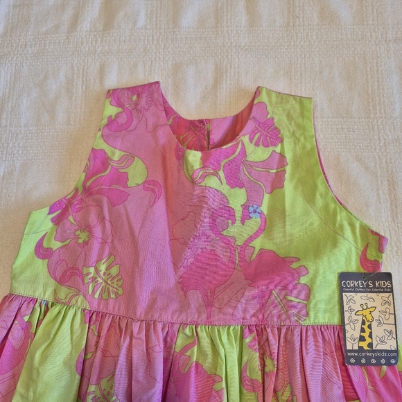 Corky's Kids girls size 7 lime & pink flamingo & flower dress, NWT - Picture 4 of 8